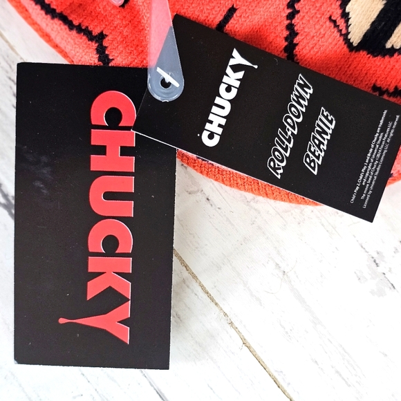 Chucky Halloween Cuff Roll down Beanie Cap O/S Unisex Adult Red & Black Soft - Picture 7 of 8
